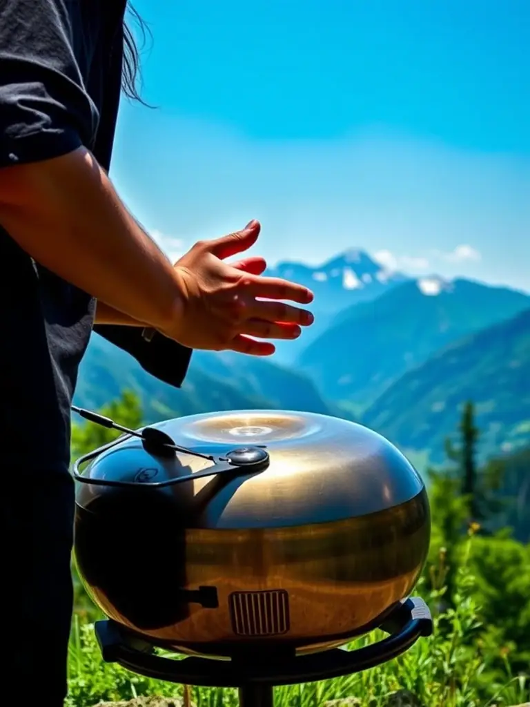 A handpan being played outdoors, with the musician's hands gently striking the instrument. The background is a scenic landscape, such as a mountain range or a serene lake.