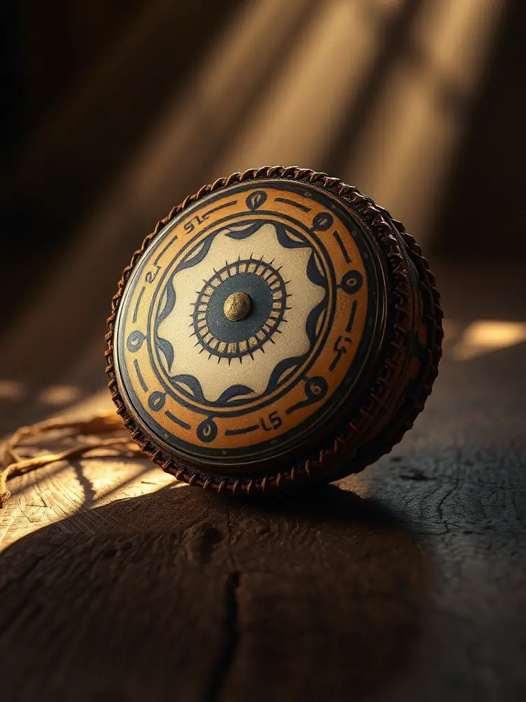 A shamanic drum with intricate designs, placed on a natural surface like wood or stone. The background is a dimly lit space, creating a mystical and spiritual atmosphere.