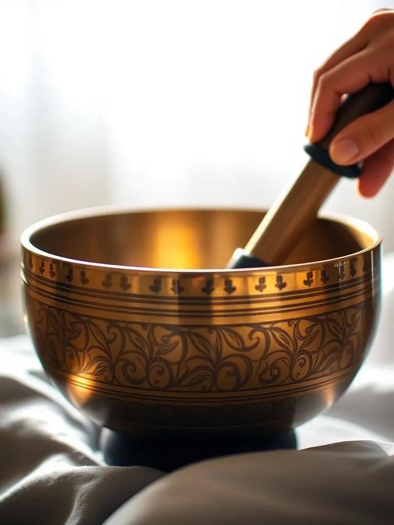 A close-up shot of a Tibetan singing bowl being played, with soft, diffused light highlighting the intricate details of the bowl and the mallet. The background is blurred to focus on the bowl's vibrations.