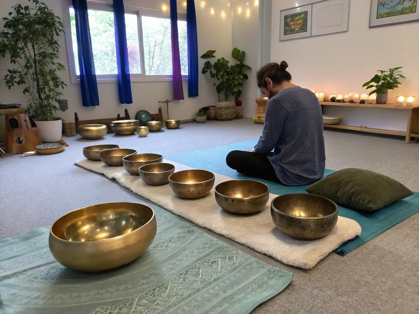 A close-up shot of a Tibetan singing bowl being played, with gentle vibrations visible on the surface, set against a backdrop of soft, natural light, symbolizing ancient healing traditions.