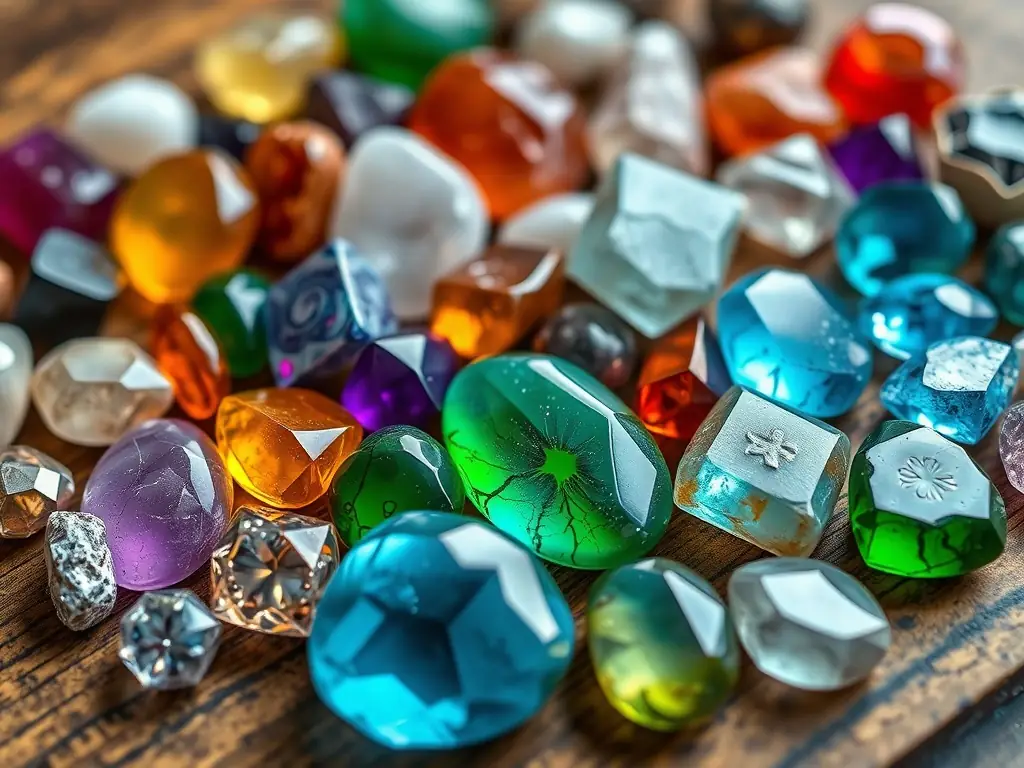 A vibrant display of various crystals and gemstones, each with unique colors and shapes, arranged on a velvet cloth, highlighting their individual healing properties and energetic vibrations.