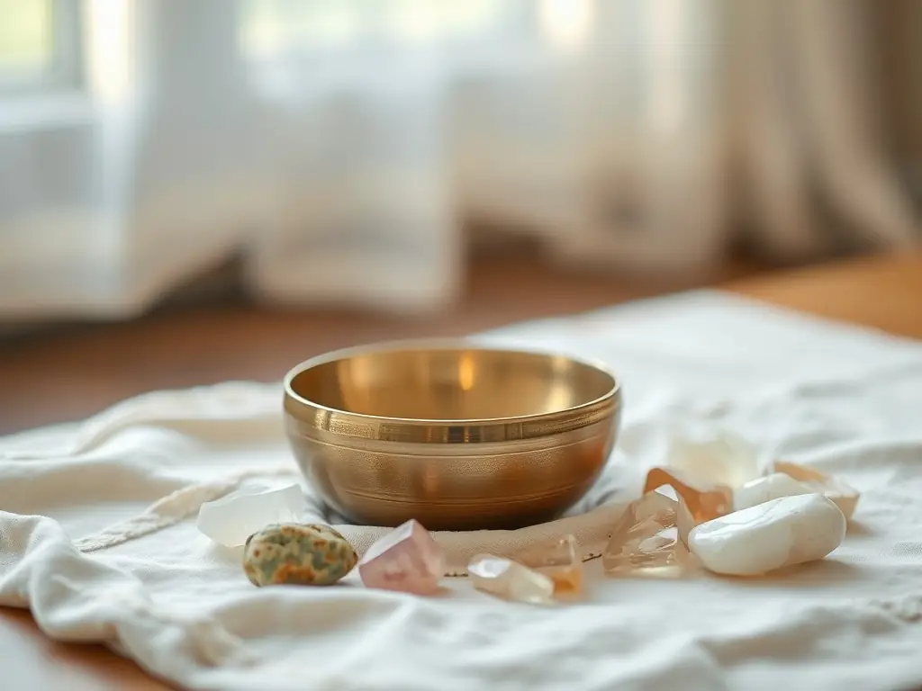 A serene image of a crystal healing bowl emitting soft, glowing light, placed on a natural wood surface with blurred background of a meditation space, representing the calming and healing properties of sound therapy.