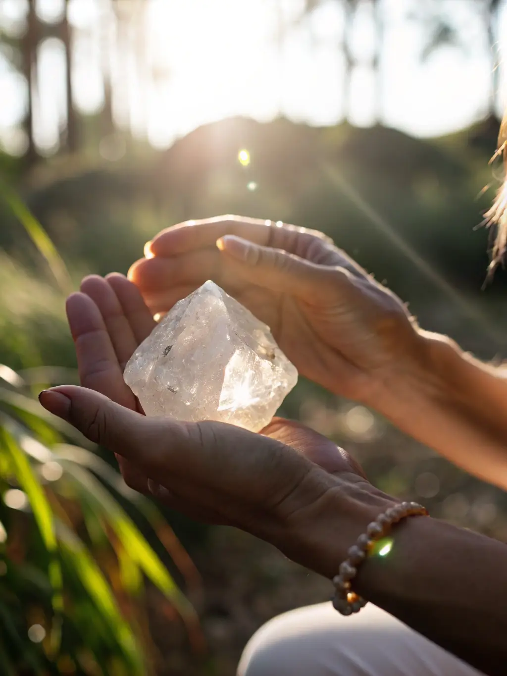 A person wearing a crystal bracelet, with sunlight catching the facets of the crystals. The background is a natural setting, such as a garden or forest, to emphasize the connection to nature.